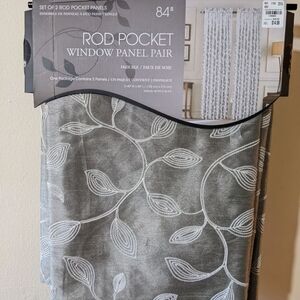 84" Rod Pocket Window Panel Pair - Gray Leaf Design